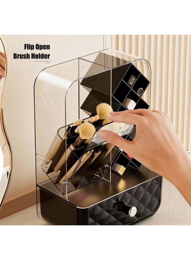 Makeup Organizer with Drawer and Brush Holder, Countertop Tilt Open Design Makeup Brush Holder with Lipstick Holder and Bottom Drawer, Cosmetic Organizer for Vanity Bathroom Countertop Office Home - Image 4